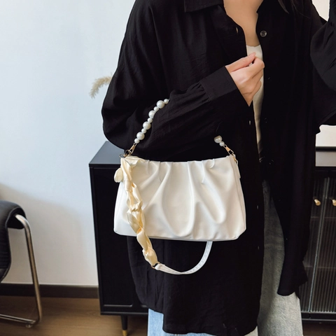 Women Ruched Underarm Bag With Pearl Chain Satin Scarf Elegant Cloud Shoulder Bag Solid Color PU Leather Chic Handbag