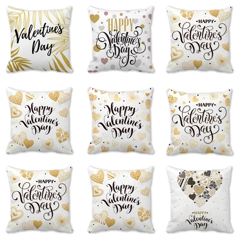Valentine's Day Happy Heart Pillowcase Peach Skin Polyester Cushion Cover Gold Black Love Letter Sofa Decorative Pillowcase