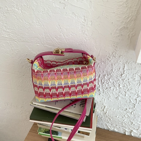 Bolso Bandolera Tejido Bohemio para Mujer Color de Contraste Patrón Geométrico Bolso de Mano con Correa de Hombro Ajustable Bolso Pequeño
