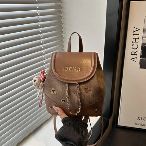 Mini Fashion Backpack For Women Splicing PU Denim Casual Travel Bag With Metal Chain Bear Embroidery And Plush Pendant