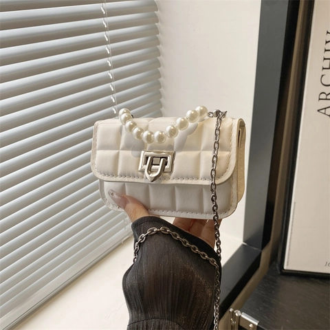 Mini Crossbody Bag Quilted Diamond PU Leather Artificial Pearl Handle Elegant Small Square Handbag With Metal Chain Strap For Women
