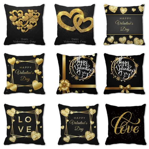 Valentine's Day Heart Pillowcase Black Gold Peach Skin Cushion Cover Happy Valentine's Day Letter Print Throw Pillow Cover For Sofa Home Decor