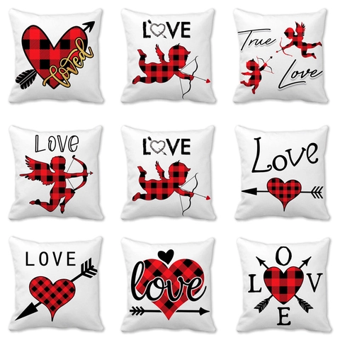 Fundas De Cojín De San Valentín Lino Corazón De Cuadros Buffalo Amor Cupido Patrón Decorativo Farmhouse Home