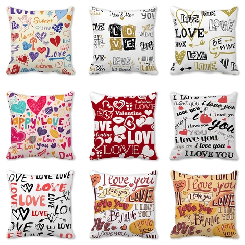 Valentine's Day Polyester Peach Skin Pillow Cover Romantic Heart Love Letter Printing Square Cushion Cover Home Sofa Decor