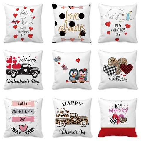 Fodera per Cuscino in Pelle di Pesca Happy Valentine's Day Stampa Romantica Cuore Gatto Camion per Decorazioni Casa Regalo