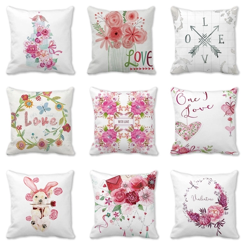 Valentine's Day Peach Skin Throw Pillowcase Romantic Heart Floral Print Cushion Cover Square Decorative Home Sofa Pillow Protector