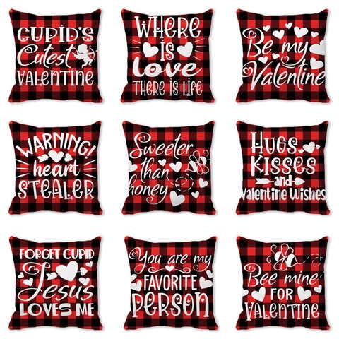 Valentine's Day Buffalo Plaid Throw Pillow Case Peach Skin Velvet Linen Decorative Cushion Cover For Sofa Couch Home Decor