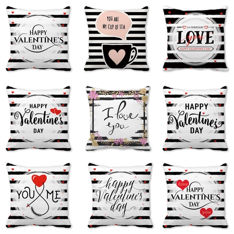 Fröhlichen Valentinstag Herzmuster Pfirsichhaut Kissenbezug Quadratisch Schwarz Weiß Gestreift Romantische Liebe Dekokissen Bezug