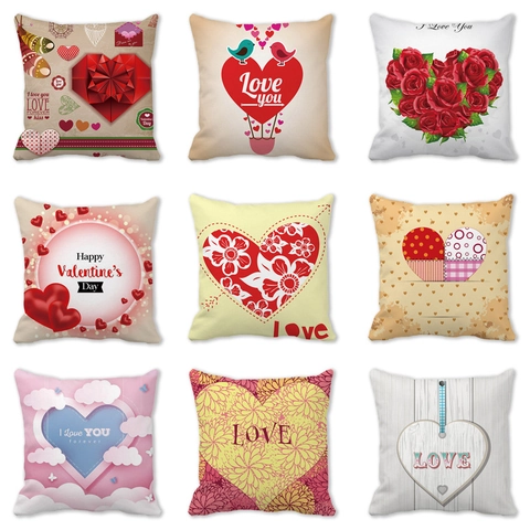 Valentine's Day Pillow Case Peach Skin Polyester Heart Rose Cupid Print Square Decorative Throw Pillow Cover Home Decor