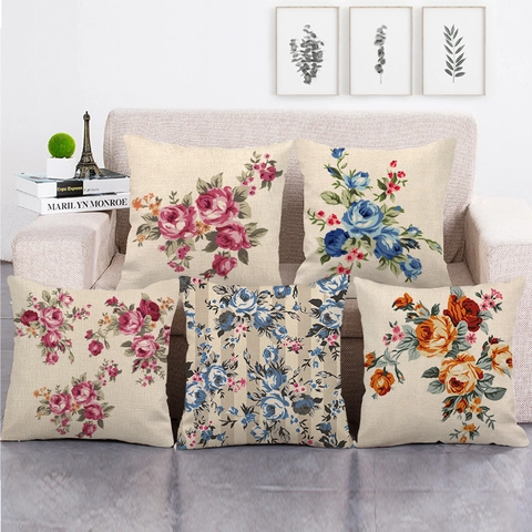 Fodera Per Cuscino Fiori Auto Acquerello Retrò Federa Decorativa In Lino Per Divano Arte Vintage