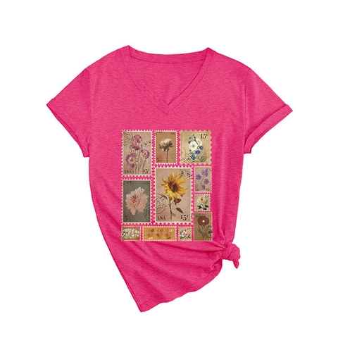 T-Shirt Da Donna In Misto Cotone Scollo A V Maniche Corte Stampa Francobollo Floreale Vintage Nodo Orlo Casual