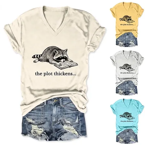 Maglietta Con Scollo A V Grafica Procione Che Legge Un Libro Donna Casual Misto Cotone Maniche Corte Stampata Top