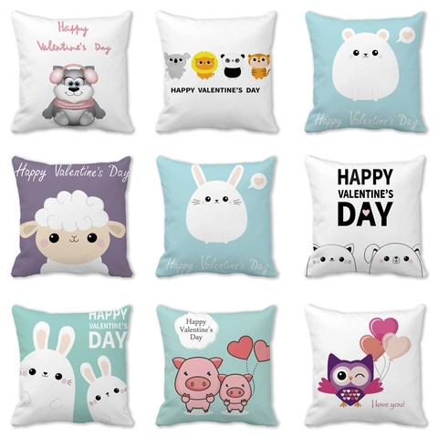 Glücklicher Valentinstag Pfirsichhaut Kissenbezug Cartoon Tier Herz Muster Dekorativer Kissenhülle Für Sofa Schlafzimmer Wohnkultur