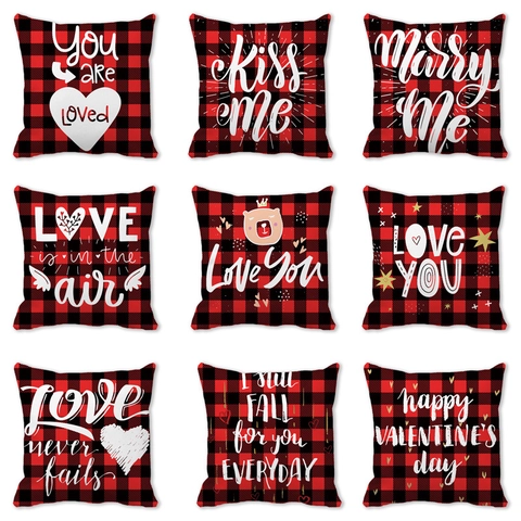 Taie d'Oreiller Saint-Valentin Carreaux Buffalo Citation Amour Cœur Peau de Pêche Housse de Coussin Salon Maison Carrée