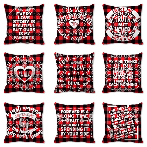 Valentinstag Kissenbezug Büffelkaro Pfirsichhaut Kissenhülle Herz Schriftzug Romantische Heimdekoration Für Sofa