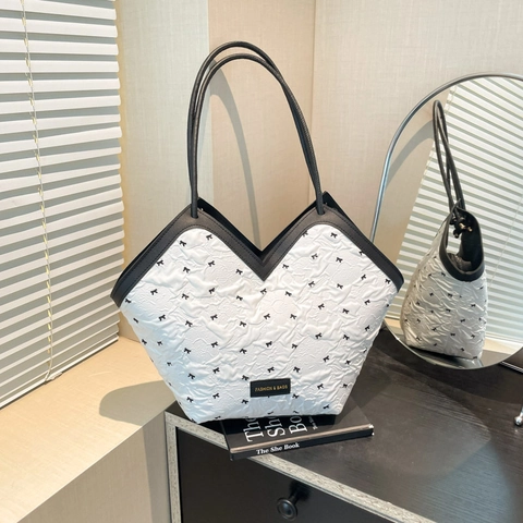 Damen V-Ausschnitt Tragetasche Gesteppt Schleife Druck Große Kapazität PU Leder Umhängetasche Pendeln Mode Handtasche