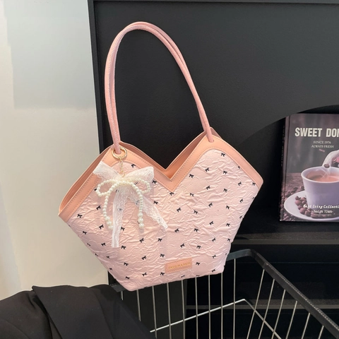 Damen V-Ausschnitt Tragetasche Gesteppt Schleife Druck Große Kapazität PU Leder Umhängetasche Pendeln Mode Handtasche