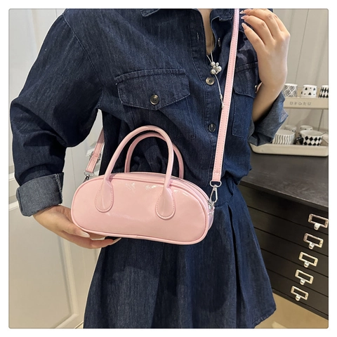 Bolso Bandolera Bowler de Cuero PU Minimalista para Mujer Bolso de Mano Retro Almohada Con Correa Ajustable Bolso de Hombro de Moda de Color Sólido