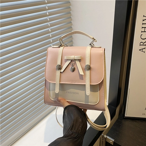 Mochila de Moda para Mujer con Lazo y Colgante de Corazón Cuero PU Bloque de Color Bolso de Mano Bandolera para Niñas Escuela Viaje
