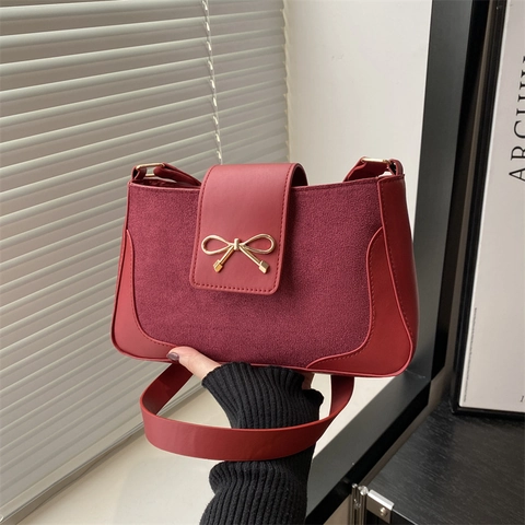 Bolso de Hombro de Cuero PU para Mujer Minimalista Vintage Bolso Baguette Cuadrado con Lazo Metálico Color Sólido Casual