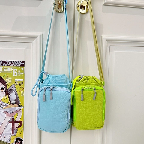 Japanische Minimalistische Mini Nylon Segeltuch Umhängetasche Leichte Lässige Kordelzug Crossbody Handy Tasche Kleine Quadratische Tasche Für Damen
