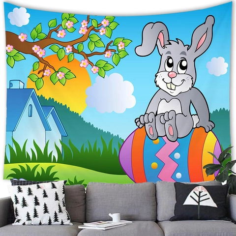 Happy Easter Halloween Decorative Tapestry Polyester Peach Skin Wall Hanging Cartoon Bunny Pumpkin Backdrop For Home Party