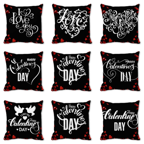 Happy Valentine's Day Peach Skin Polyester Throw Pillow Cover Heart Pattern Black Cushion Case Home Decor Romantic Gift