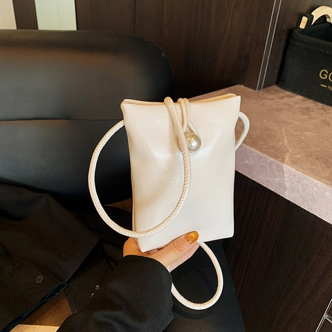 Mini Phone Crossbody Bag For Women Glossy PU Leather Large Artificial Pearl Decoration Small Square Fashion Shoulder Pouch