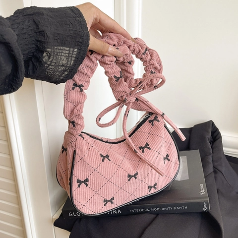 Sac à Épaule en Velours Côtelé pour Femmes Style Coréen Imprimé Nœud Treillis Diamant Poignée Froncée Petit Sac à Main Vintage