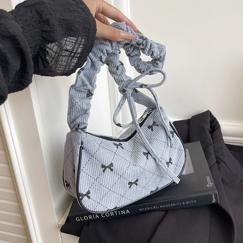 Sac à Épaule en Velours Côtelé pour Femmes Style Coréen Imprimé Nœud Treillis Diamant Poignée Froncée Petit Sac à Main Vintage
