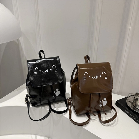 Mochila Mini de Cuero PU con Gato de Dibujos Animados Estilo Coreano para Mujeres Niñas Mochila con Cordón Moda Escuela Casual Viaje