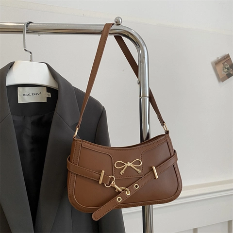 Borsa A Spalla Sottobraccio Retro In PU Grande Capacità Decorazione Fiocco Dorato Con Cinturino Con Occhielli Borsa Baguette Per Donna
