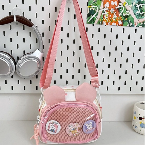 Süße Nylon-Umhängetasche Für Mädchen Mit Hasenohren Transparentes Netz Ita Bag Mit Ansteckern Sternenprint Crossbody-Tasche