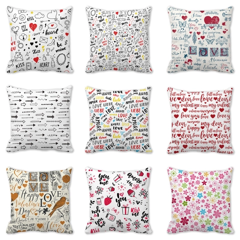 Federa per Cuscino Romantica di San Valentino in Tessuto Poliestere Buccia di Pesca Stampa Cuore Uccello Camion Morbido Copricuscino Decorativo per Divano Casa Camera Soggiorno