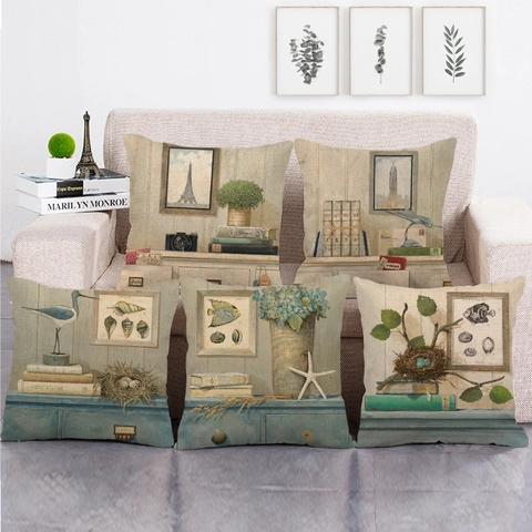 Vintage Leinenmischung Dekorative Kissenhülle Quadratischer Kissenbezug Mit Ozean Seestern Botanischem Muster Für Sofa Heimdekor