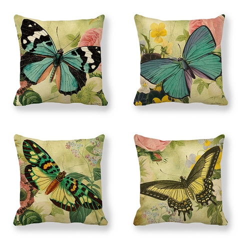 Vintage Linen Butterfly Flower Cushion Cover Botanical Illustration Decorative Square Throw Pillowcase For Home Sofa Living Room Decor