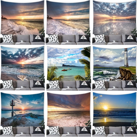 Sunset Beach Landscape Tapestry Wall Hanging Polyester Fabric Sunset Sea Scenery Aesthetic Room Decor For Living Room Bedroom
