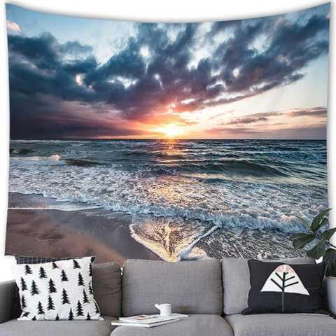 Sunset Beach Landscape Tapestry Wall Hanging Polyester Fabric Sunset Sea Scenery Aesthetic Room Decor For Living Room Bedroom