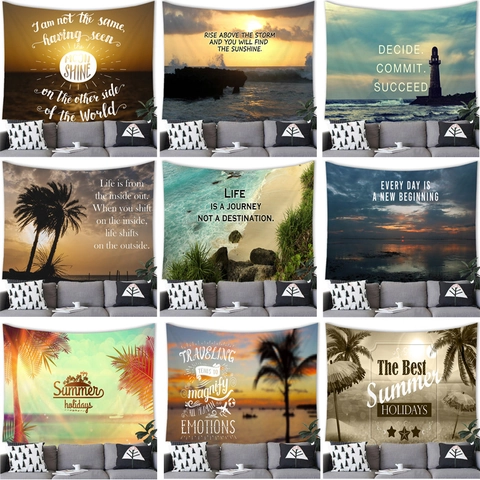 Sunset Beach Wall Tapestry Polyester Scenic Landscape Hanging Cloth With Inspirational Quotes For Bedroom Living Room Decor