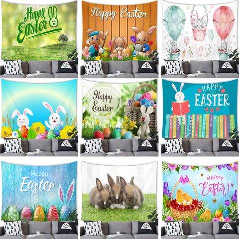 Easter Bunny Eggs Decorative Tapestry Polyester Wall Hanging For Living Room Bedroom Happy Easter Cartoon Animal Tapestry Home Decor
