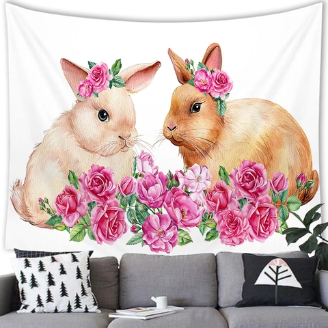 Easter Bunny Eggs Decorative Tapestry Polyester Wall Hanging For Living Room Bedroom Happy Easter Cartoon Animal Tapestry Home Decor