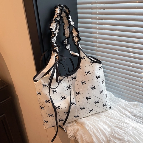 Bolso De Mano Con Estampado De Lazos Lona Correa De Hombro Con Volantes Lunares Bolso De Verano Casual Para Mujeres