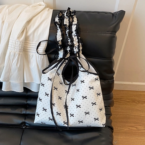 Bolso De Mano Con Estampado De Lazos Lona Correa De Hombro Con Volantes Lunares Bolso De Verano Casual Para Mujeres