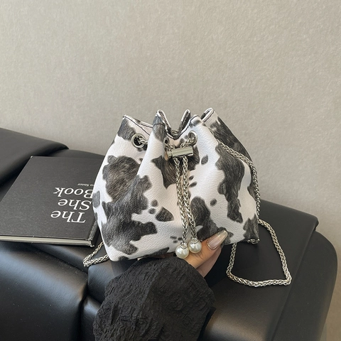 Borsa a Secchiello con Coulisse e Stampa Animale Vintage da Donna Design Künstliche Perle Catena in Metallo Tracolla Fantasia Leopardo Mucca Zebra