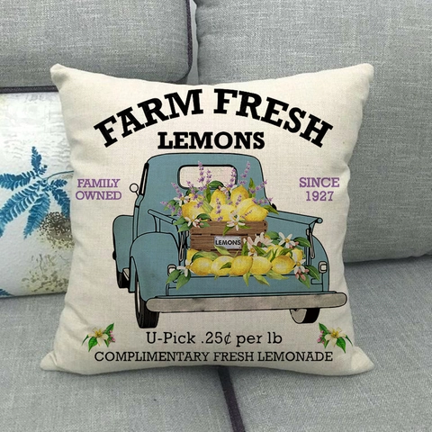 Λινό Κάλυμμα Μαξιλαριού Farm Fresh Lemon Vintage Φορτηγό Διακοσμητική Τετράγωνη Μαξιλαροθήκη Για Καναπέ Σπιτιού Χωρίς Γέμισμα