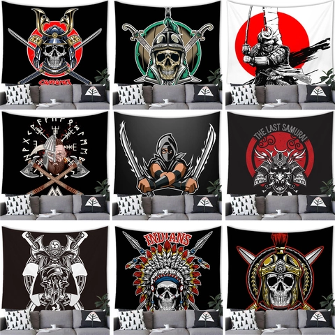 Gothic Skull Tapestry Wall Hanging Japanese Samurai Viking Warrior Decoration Polyester Background Cloth For Living Room Bedroom Party Decor