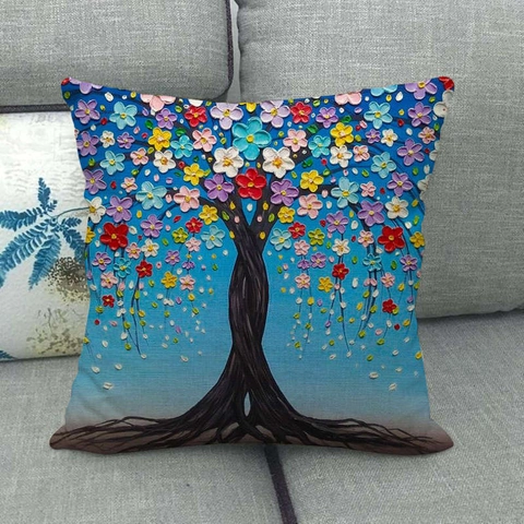 Oil Painting Style Linen Cushion Cover Money Tree Flower Print Decorative Throw Pillow Case For Sofa Home Living Room Decor