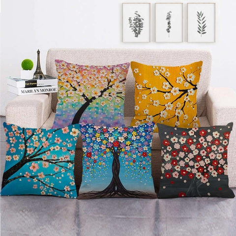 Oil Painting Style Linen Cushion Cover Money Tree Flower Print Decorative Throw Pillow Case For Sofa Home Living Room Decor