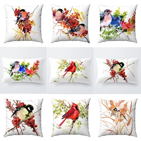 Taie D'oreiller Imprimé Aquarelle Oiseaux Et Fleurs Peluche Courte Douce Housse De Coussin Décorative Pour Canapé Salon