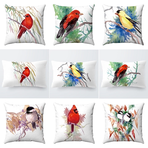 Künstlerisch Aquarell Vogel Muster Kurzplüsch Deko Kissenbezug Für Sofa Heimdeko Kissenhülle Ohne Füllung